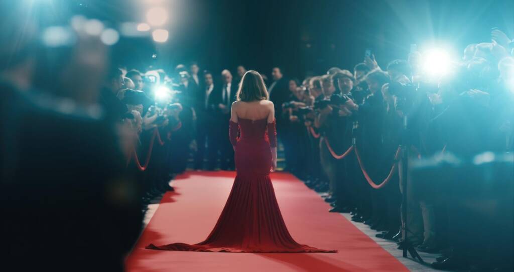 Celebrities showcasing tulle dresses at glamorous red carpet event.